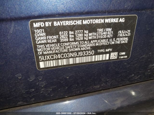 5UXCR4C03N9J93350 BMW X5 Sdrive40i