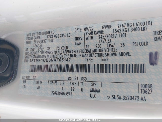 Ford F-150 Xl 2022 1FTMF1CB3NKF05142 Image 9