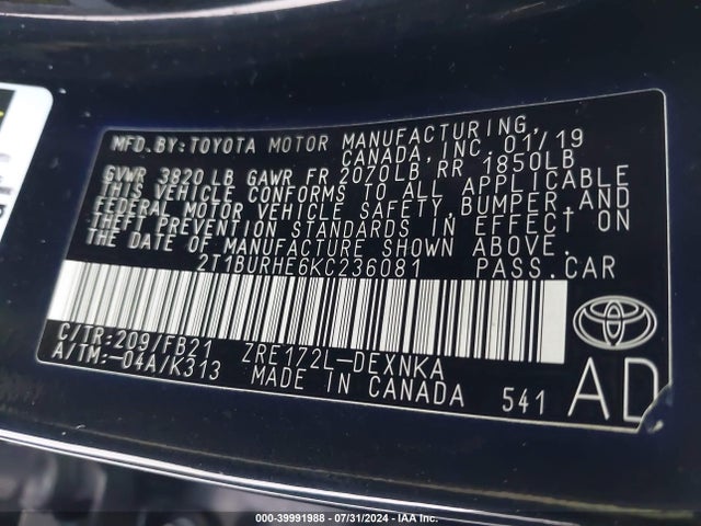Toyota COROLLA LE 2019 2T1BURHE6KC236081 Image 9