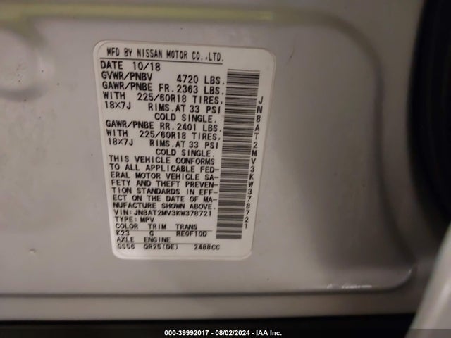Nissan ROGUE SV 2019 JN8AT2MV3KW378721 Image 9