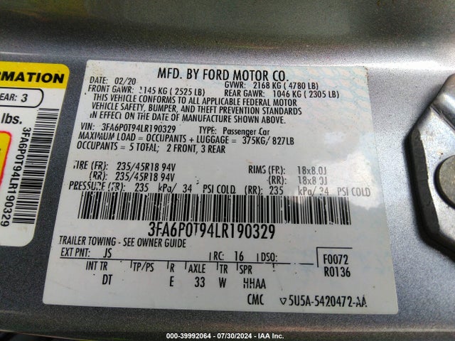 Ford FUSION SE 2020 3FA6P0T94LR190329 Image 9