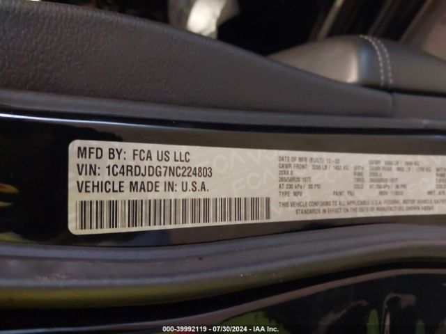 1C4RDJDG7NC224803 Dodge Durango Gt Plus Awd