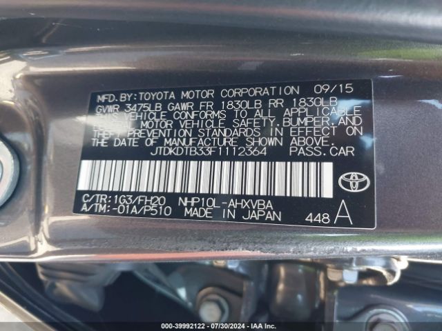 JTDKDTB33F1112364 Toyota Prius C One