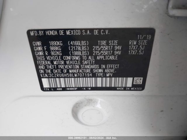3CZRU6H58LM707194 Honda Hr-v Awd Ex