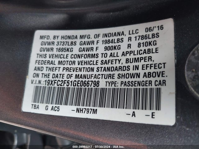 Honda Civic Lx 2016 19XFC2F51GE066798 Image 9