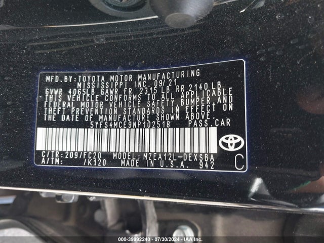 Toyota COROLLA SE 2022 5YFS4MCE9NP102518 Image 9