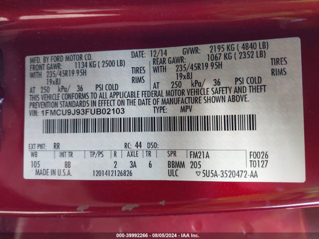 Ford Escape Titanium 2015 1FMCU9J93FUB02103 Image 9