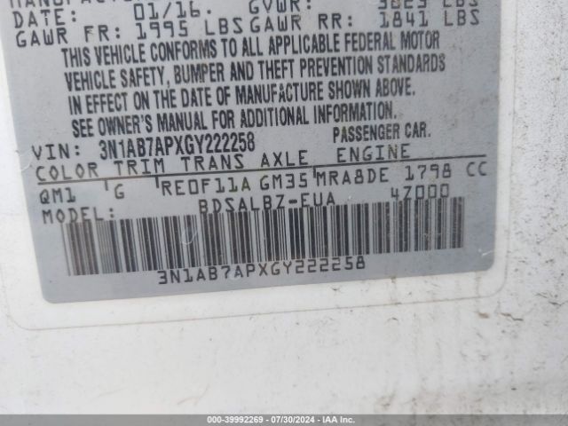 3N1AB7APXGY222258 Nissan Sentra Fe+ S/s/sl/sr/sv