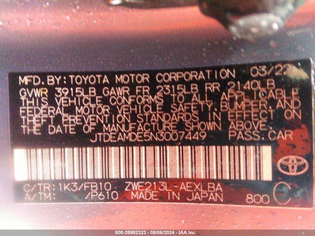 JTDEAMDE5N3007449 Toyota Corolla Hybrid Le