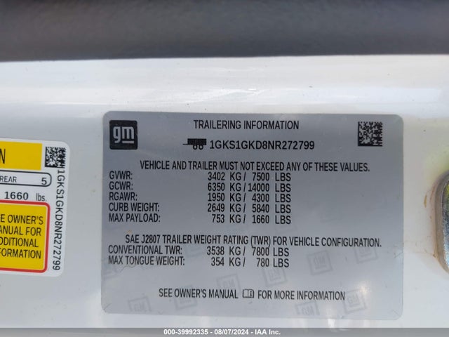1GKS1GKD8NR272799 GMC Yukon Xl 2wd Slt