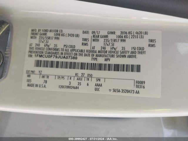 1FMCU0F79JUA07380 Ford ESCAPE S