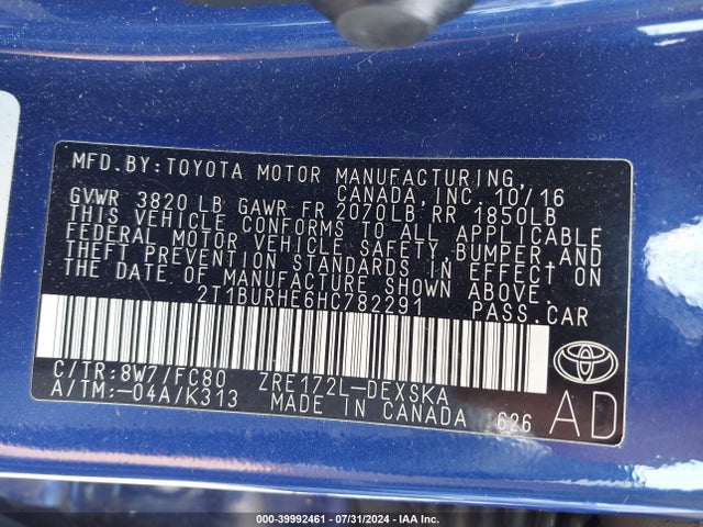 Toyota COROLLA SE 2017 2T1BURHE6HC782291 Image 9