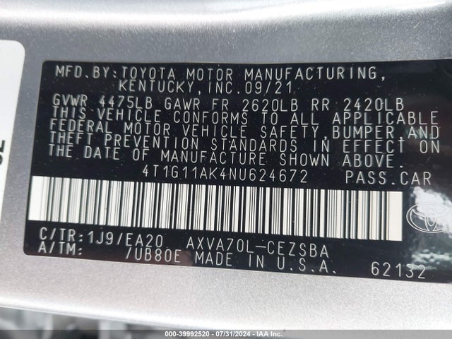 Toyota CAMRY SE 2022 4T1G11AK4NU624672 Image 9