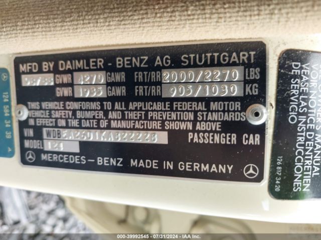 1989 MERCEDES-BENZ 260 WDBEA26D1KA822228 Photo 8