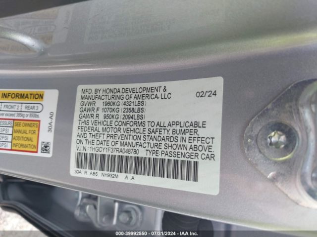 1HGCY1F37RA048780 Honda ACCORD EX