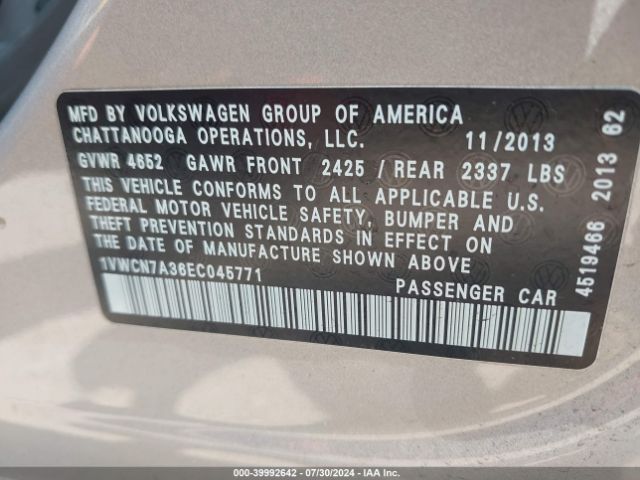 1VWCN7A36EC045771 Volkswagen Passat 2.0l Tdi Sel Premium