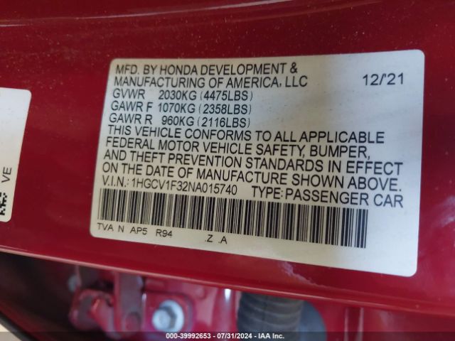 1HGCV1F32NA015740 Honda Accord Sport