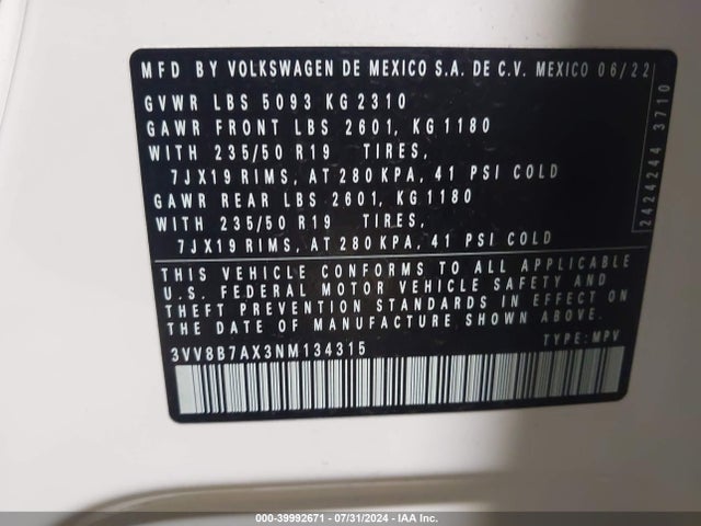 3VV8B7AX3NM134315 Volkswagen Tiguan 2.0t Se R-line Black