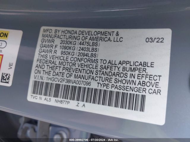 1HGCV2F38NA007096 Honda Accord Sport 2.0t