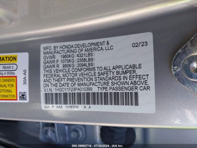 1HGCY1F23PA010399 Honda ACCORD LX
