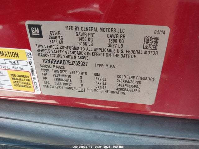 Chevrolet Traverse 2lt 2014 1GNKRHKD7EJ332927 Image 9