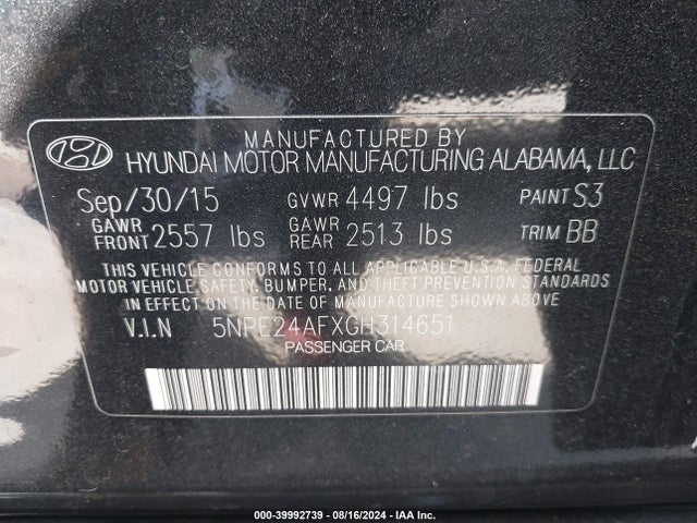 Hyundai SONATA SE 2016 5NPE24AFXGH314651 Image 9