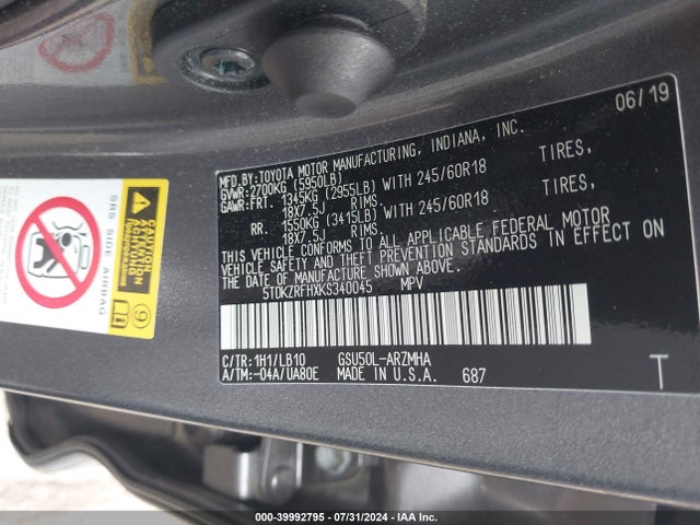 Toyota Highlander Xle 2019 5TDKZRFHXKS340045 Image 9