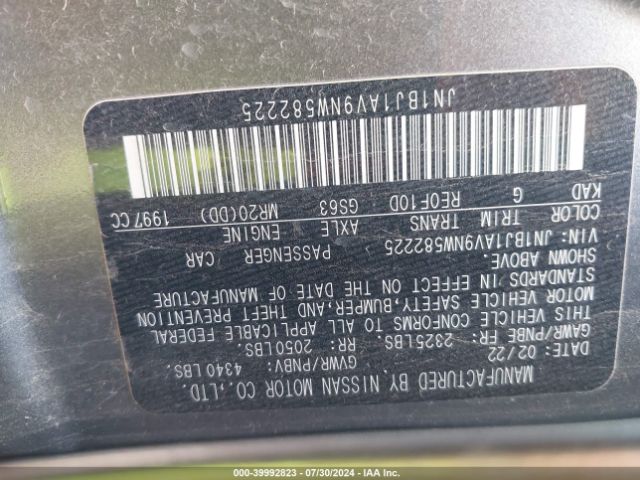 JN1BJ1AV9NW582225 Nissan Rogue Sport S Fwd Xtronic Cvt