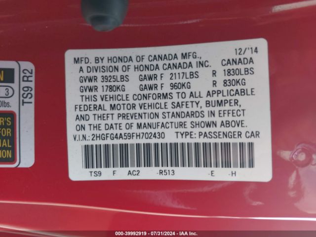 2HGFG4A59FH702430 Honda CIVIC SI