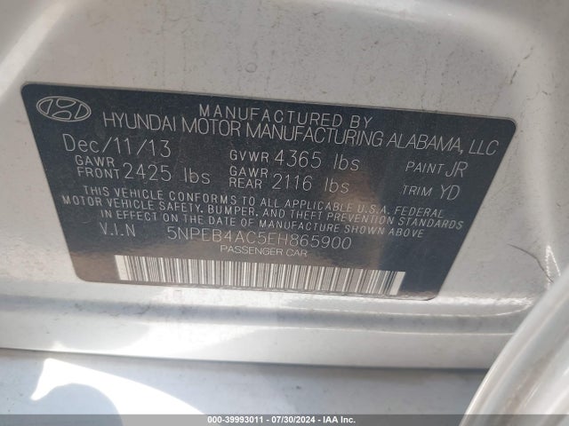 Hyundai SONATA GLS 2014 5NPEB4AC5EH865900 Image 9