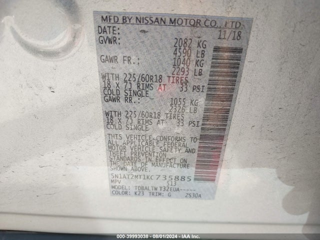 Nissan ROGUE SV 2019 5N1AT2MT1KC735885 Image 9