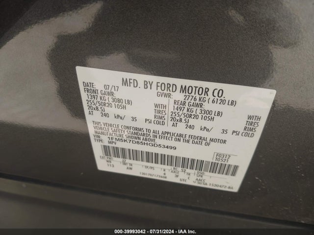 Ford EXPLORER XLT 2017 1FM5K7D85HGD53499 Image 9
