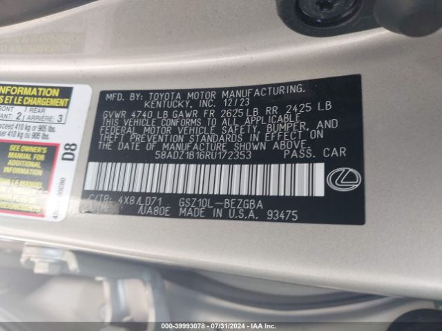 58ADZ1B16RU172353 Lexus ES 350