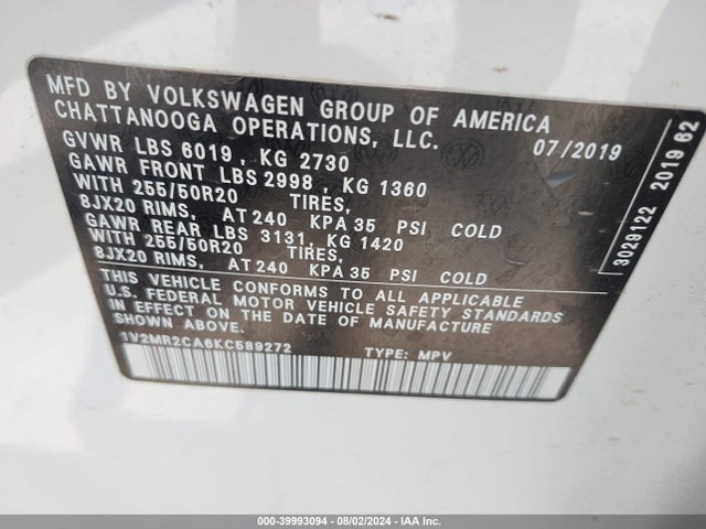 1V2MR2CA6KC589272 Volkswagen Atlas 3.6l V6 Sel