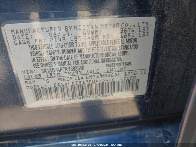 Nissan SENTRA SV 2019 3N1AB7AP7KY393848 Image 9