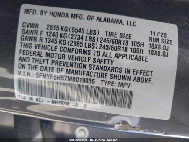 5FNYF5H57MB019036 Honda Pilot 2wd Ex-l