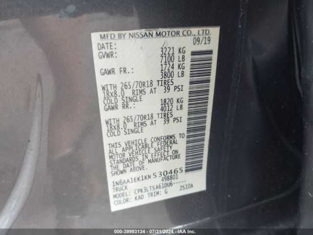 1N6AA1EK1KN530465 Nissan TITAN SV