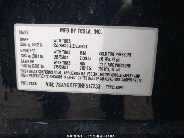 7SAYGDEF0NF517233 Tesla Model Y Performance Dual Motor All-wheel Drive