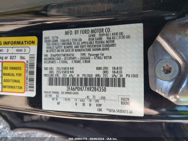 Ford FUSION SE 2017 3FA6P0H77HR284350 Image 9