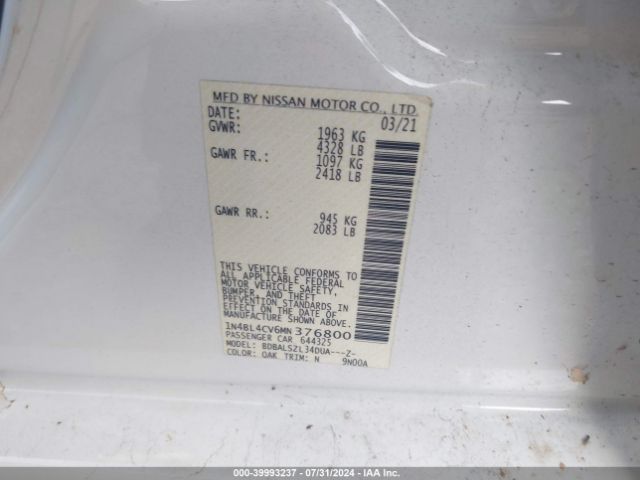 1N4BL4CV6MN376800 Nissan Altima Sr Fwd