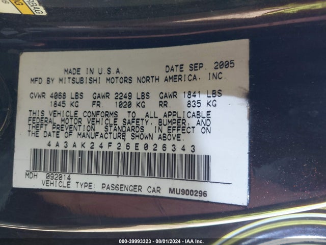 2006 MITSUBISHI ECLIPSE 4A3AK24F26E026343 Photo 8