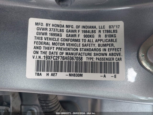 Honda CIVIC EX 2017 19XFC2F76HE067058 Image 9