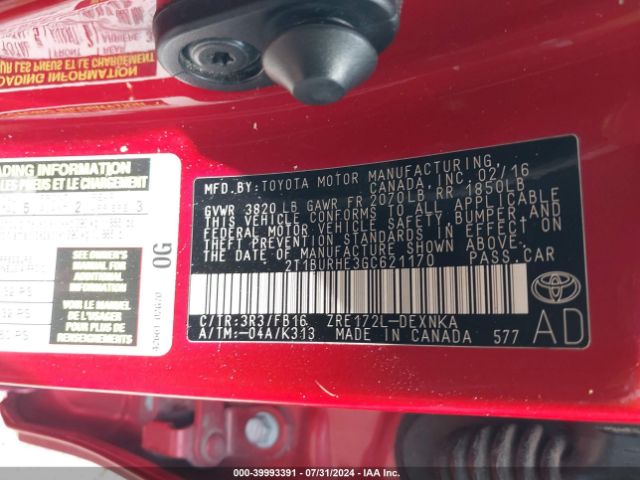 2T1BURHE3GC621170 Toyota COROLLA LE