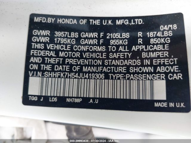 SHHFK7H54JU419306 Honda CIVIC EX