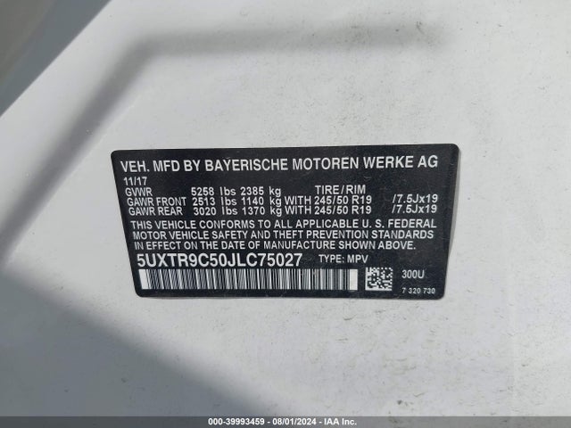 BMW X3 Xdrive30i 2018 5UXTR9C50JLC75027 Image 9