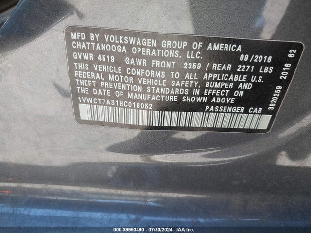 1VWCT7A31HC018052 Volkswagen Passat 1.8t Sel Premium