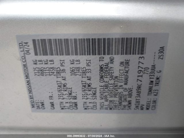 5N1BT3AB9RC719773 Nissan Rogue S Intelligent Awd
