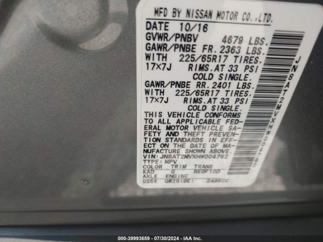JN8AT2MVXHW004762 Nissan ROGUE S