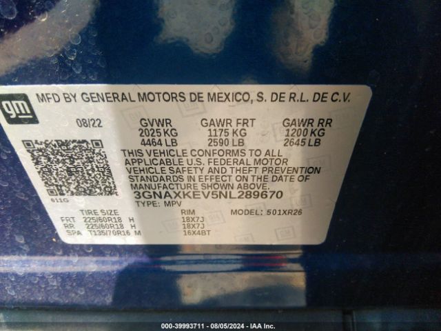3GNAXKEV5NL289670 Chevrolet Equinox Fwd Lt
