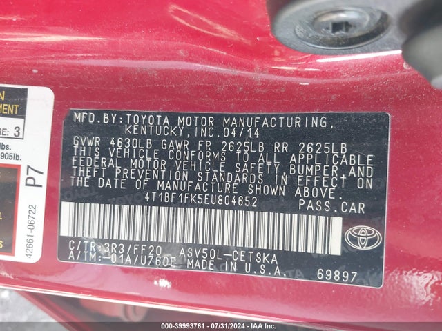 Toyota CAMRY SE 2014 4T1BF1FK5EU804652 Image 9